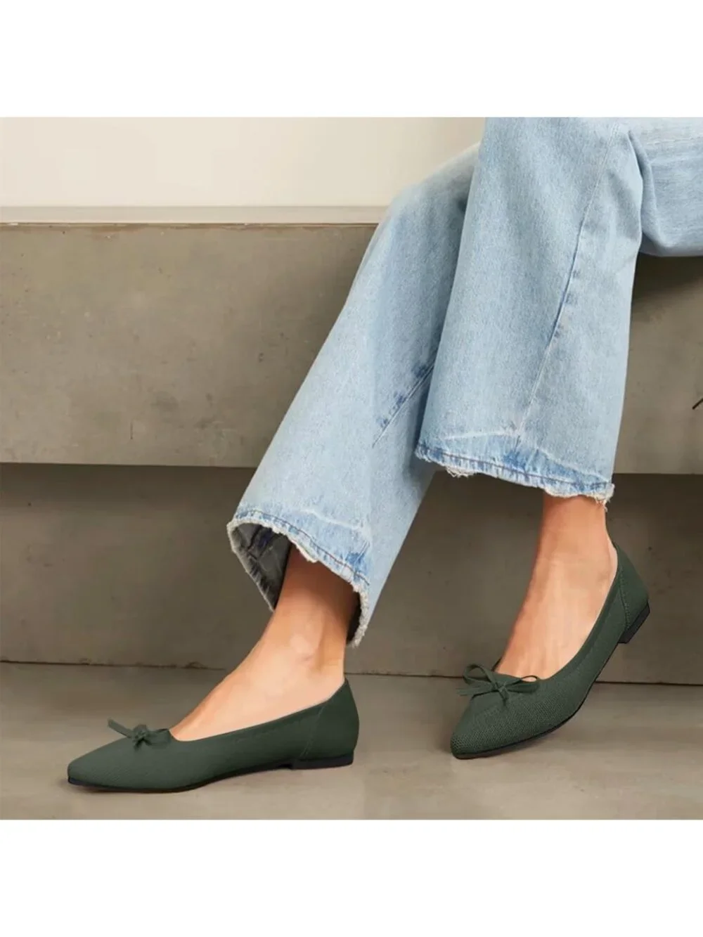 Women's Green Flats Pointed Toe Bow Knit Ballet Shoes Comfortable Dressy Mesh